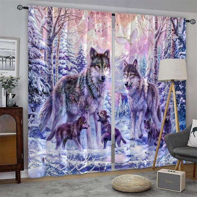 2er-Set Wolf-Druck Vorhänge mit Ösen und Schlaufen für Schlafzimmer und Wohnzimmer, Mehrfarbig, B: 100 cm, H: 130 cm - Bild 1