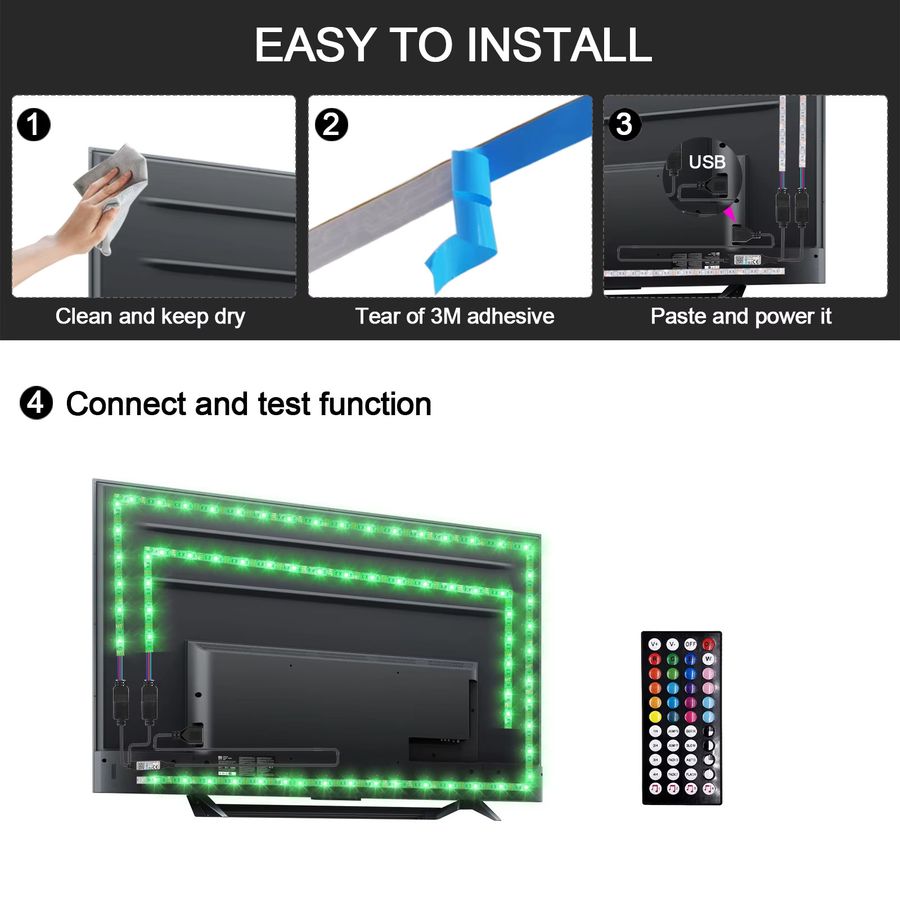 HEGEHE RGB LED Streifen-Set mit Musik-Synchronisierung und Bluetooth-Steuerung, USB-betrieben, dimmbar und flexibel für die TV-Hintergrundbeleuchtung im Innenbereich - Bild 5