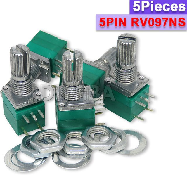 5 Stück Potentiometer RV097NS mit Schalter, 5-Pin, 15mm Welle, Farbe: Grün, DIYGBA - Bild 1