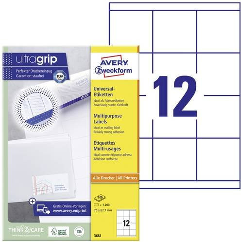 Avery Zweckform Universal-Etiketten 3661, Weiß, B: 70 mm, H: 67,7 mm, 1200 Stück - Bild 1