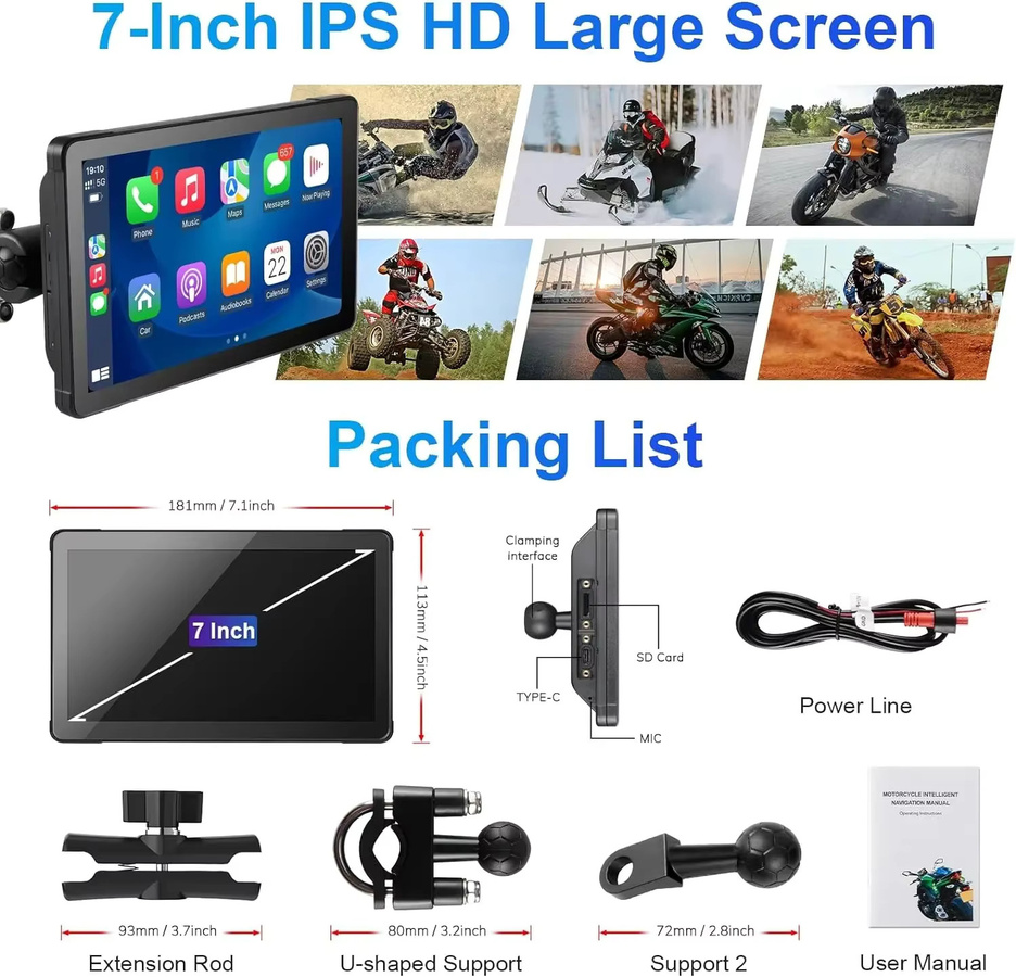 srnubi 7-Zoll Wireless CarPlay und Android Auto tragbarer Motorrad-Navigationsbildschirm mit DVR für BMW R1200GS R1250GS S1000XR, Schwarz - Bild 5