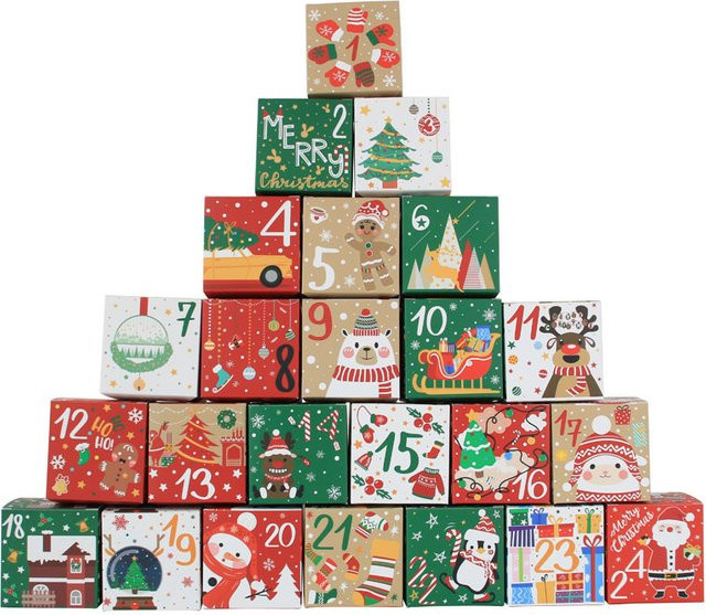 24er Set Adventskalender Boxen aus Kraftpapier in Braun und Multicolour für Weihnachtsgeschenke und Dekoration - Bild 1