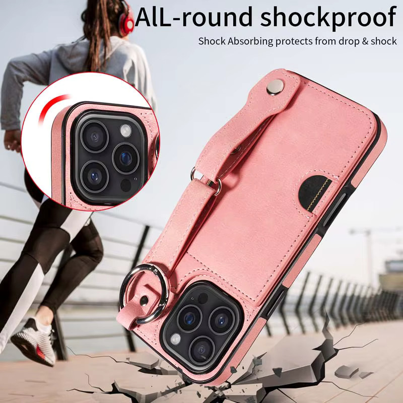 Leder-Handyhülle mit Handgelenkschlaufe und Ring für iPhone Modelle in Pink mit Kartenfach und Wallet-Funktion - Bild 6