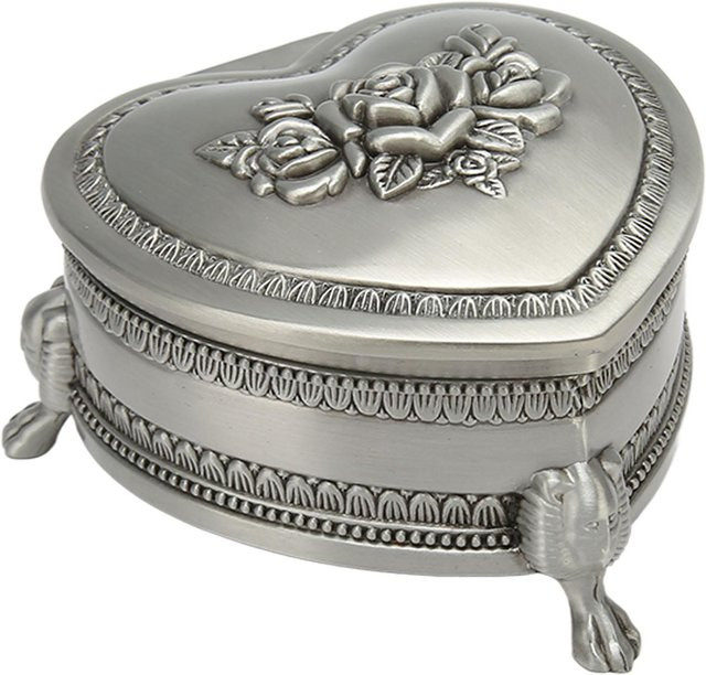 GoolRC Vintage Schmuckdose aus Metall in Grau mit antik geschnitztem Blumenmuster und Herzform - Bild 1