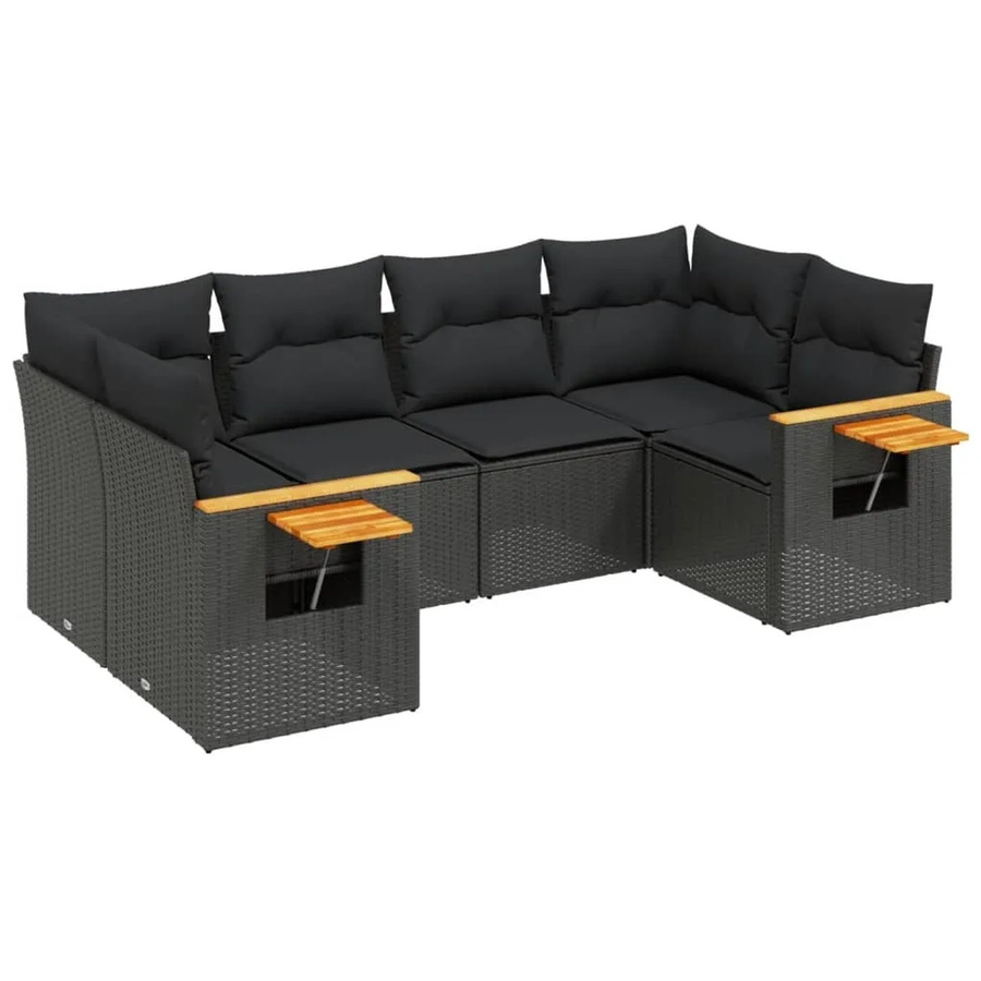 vidaXL 6-tlg Garten-Sofagarnitur in L-Form aus schwarzem PE-Rattan mit Kissen und Akazienholz - Bild 2