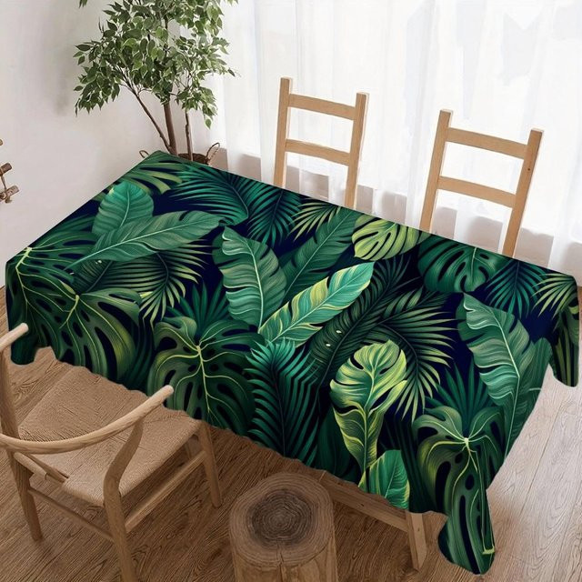 Wasserdichte rechteckige Tischdecke von Beau Maison mit tropischem Blättermuster in Grün, B/T: 140 x 140 cm - Bild 1