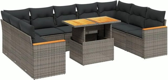 vidaXL 10-tlg. Garten-Sofagarnitur in L-Form aus Poly-Rattan und Akazienholz in Grau mit Kissen - Bild 1