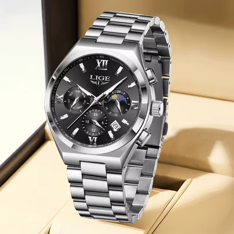 LIGE Armbanduhr Quarz, Edelstahl, Schwarz, Silber, Herren - Bild 4