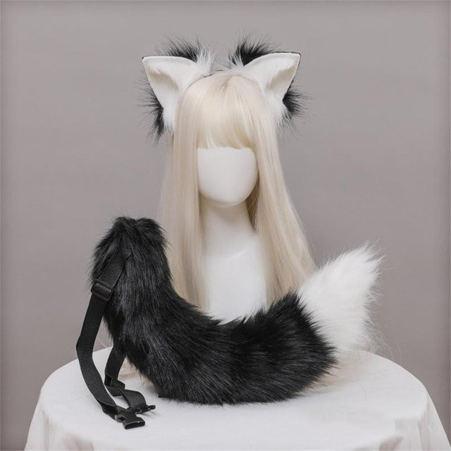 YIRAN Plüsch-Katzenohren und Schwanz, Cosplay Zubehör, 2-teiliges Set, Schwarz - Bild 1