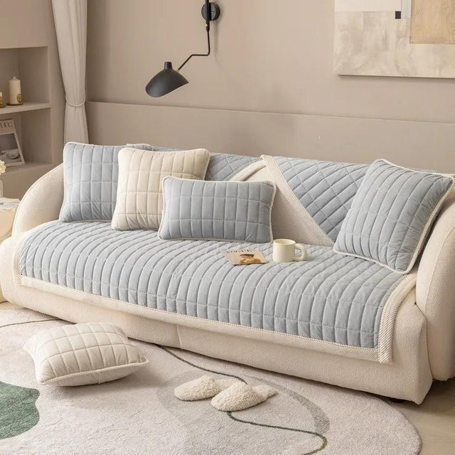 Rutschfester Sofabezug für Ecksofas mit rechteckigem Gitter aus dickem Plüsch, einfarbig Blau, B/T: 70 x 70 cm - Bild 1
