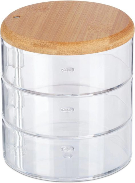 Relaxdays Make Up Organizer aus Kunststoff und Bambus, drehbar und transparent mit 3 Fächern, B: 13,5 cm, T: 11,5 cm - Bild 1