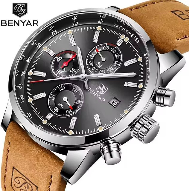 BENYAR Chronograph, Quarz, Edelstahl, Leder, Schwarz, Herren - Bild 1