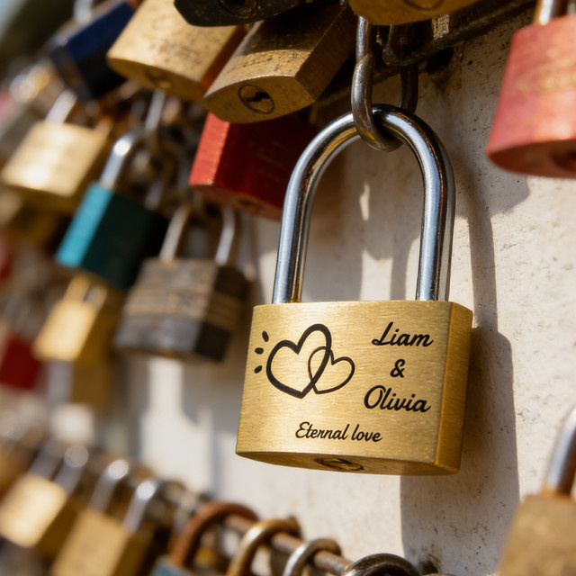 Personalisiertes Messing-Herzschloss in Gold mit 3 Schlüsseln für Hochzeitstag und Valentinstag - Bild 1