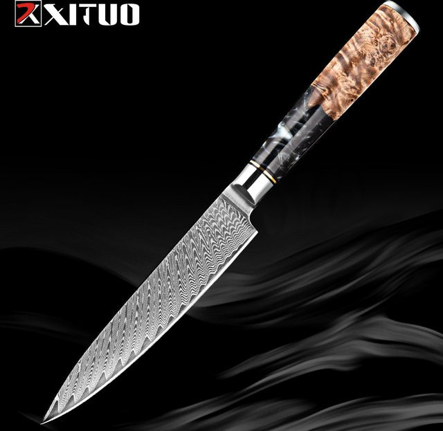 Xituo Profi-Küchenmesser aus silberfarbenem VG10-Damaststahl mit ergonomischem Holzgriff, Klingenlänge: 12,7 cm - Bild 1