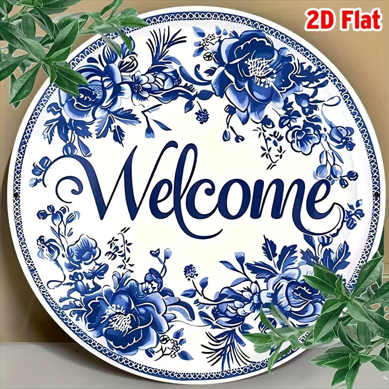 Potdemiel Rundes Vintage Willkommensschild aus Aluminium mit Blauem Floral Design, Wandkunst für Küche, Garten und Büro, Durchmesser: 20,3 cm - Bild 2