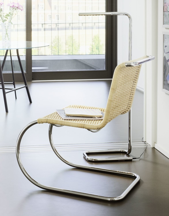 Thonet S 533 Stuhl mit Korbgeflecht und Kernleder in Beige mit Stahlrohr-Freischwingergestell - Bild 2