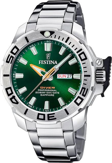 Festina Herrenuhr Taucheruhr, Quarz, Edelstahl, Grün, 46 mm, 20 ATM - Bild 1
