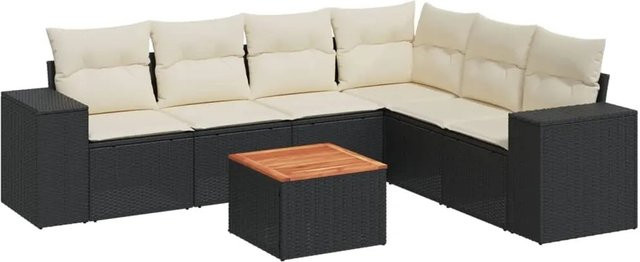 vidaXL 7-tlg. Garten-Sofagarnitur L-Form aus Polyrattan mit Kissen in Schwarz - Bild 1