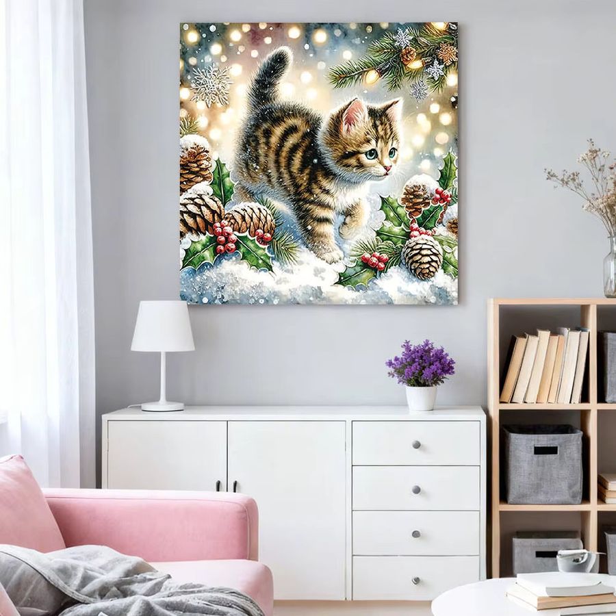 HUACAN 5D Diamantmalerei Katze Weihnachten Rundes Diamant Mosaik Set zur Wanddekoration - Bild 2
