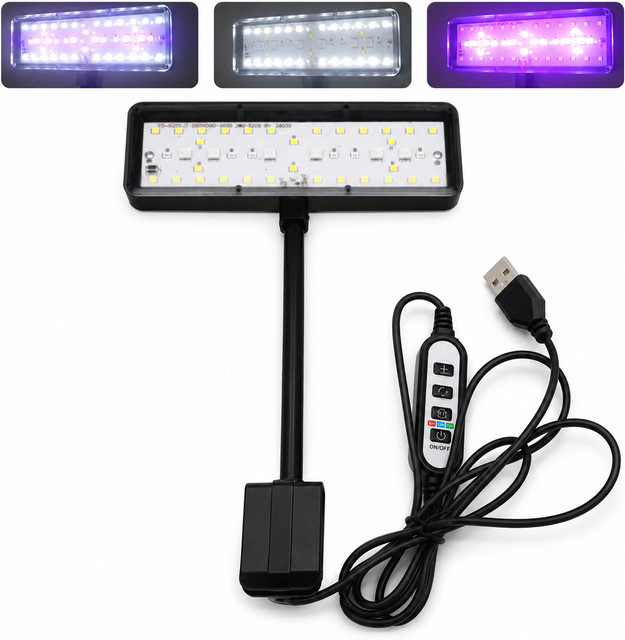 TUNFAN USB-Aquarium-LED-Beleuchtung in Schwarz mit dimmbarer Helligkeit, Timer und 360 Grad drehbarer Vollspektrum-Wachstumslampe für Wasserpflanzen - Bild 1