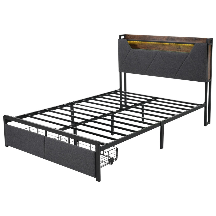 okwish Polsterbett mit Stauraum und LED-Beleuchtung, B/T/H: 160 x 200 x 110 cm, mit USB Type-C Ladefunktion und Schubladen, Grau/Beige - Bild 1