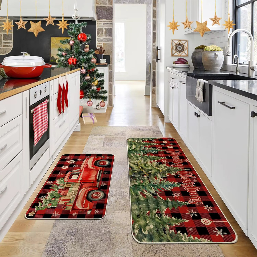2-teiliges VIKAMA Weihnachts-Fußmatten-Set im Retro-Design mit rotem LKW, rutschfest und schmutzabweisend, Rechteckig, B/T: 120 x 40 cm - Bild 2