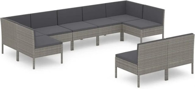 vidaXL 9-tlg Garten-Lounge-Set aus Poly Rattan in Grau mit Auflagen und Kissen in L-Form - Bild 1