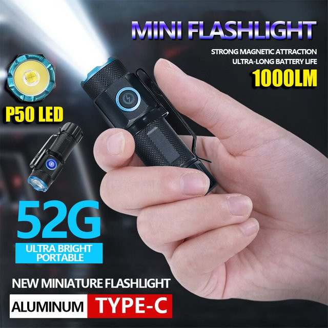 KDULIT P50 LED Mini Taschenlampe in Schwarz mit USB-Ladefunktion, Hut-Clip und Magnet für Outdoor, Camping und Notfälle - Bild 1