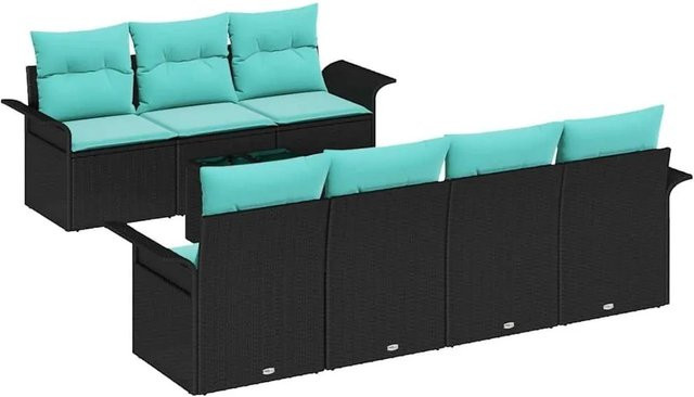 vidaXL Gartensofa-Set aus Poly-Rattan mit 8 Kissen in Schwarz und Türkis, bestehend aus Zweisitzer-Sofa, Armsofas und Glas-Esstisch mit pulverbeschichtetem Stahlgestell - Bild 1