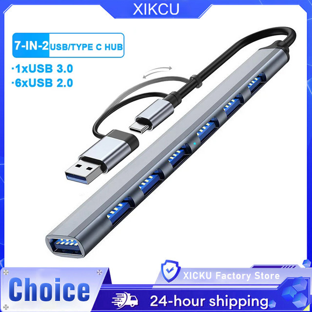 XIKCU 7 in 2 USB-C Hub Multi USB Splitter Adapter mit USB 3.0 und OTG Funktion für MacBook Pro, Air und Laptop - Bild 1