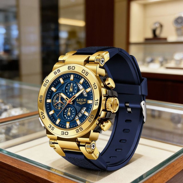 LIGE Armbanduhr Quarz, Edelstahl, Gold, Blau, Herren - Bild 1