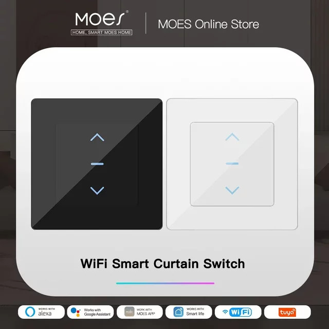 MOES WiFi Smart Vorhangschalter mit Touch Design für motorisierte Vorhänge und Rollos, kompatibel mit Tuya Smart Life App, Alexa und Google Home, Farbe: Weiß - Bild 1