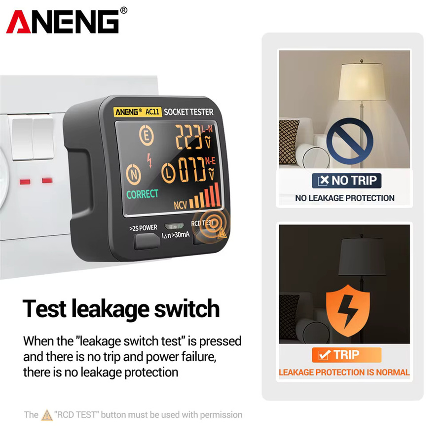 ANENG AC10/AC11 Digitaler Steckdosendetektor zur Prüfung von Polarität und Phase für US/EU/UK Stecker - Bild 3