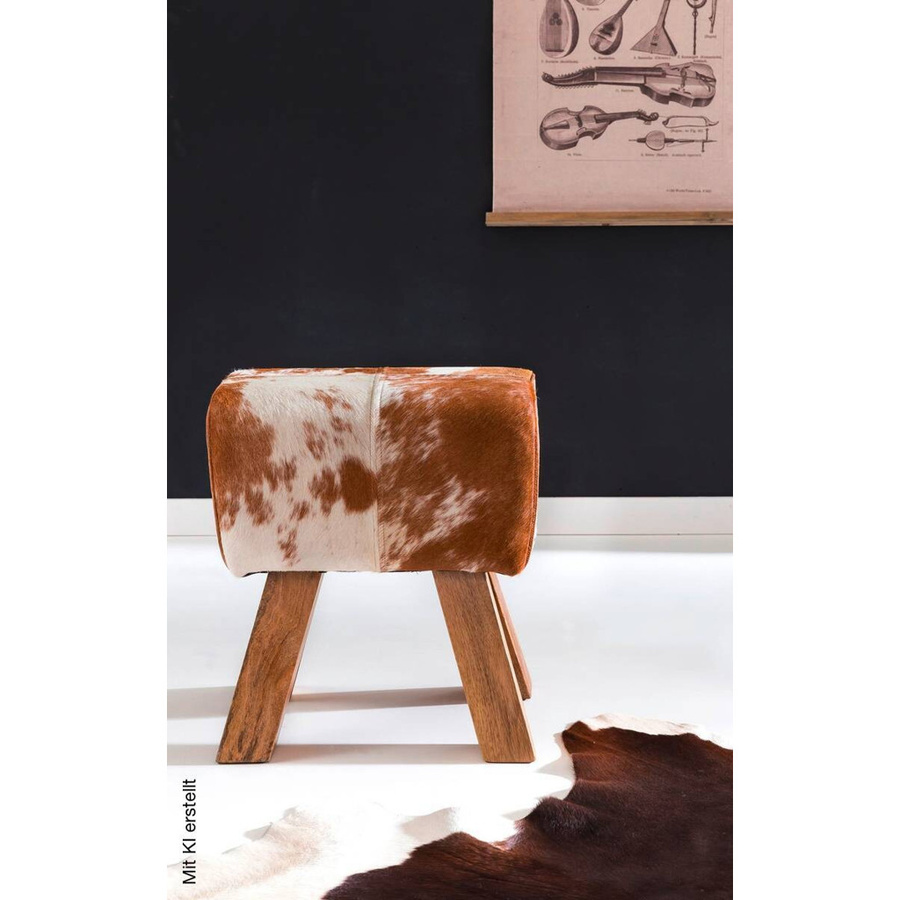 Wohnling Sitzhocker aus Mango-Holz und Leder in Braun im Retro-Design B/H/T: 40 x 47 x 25 cm - Bild 2