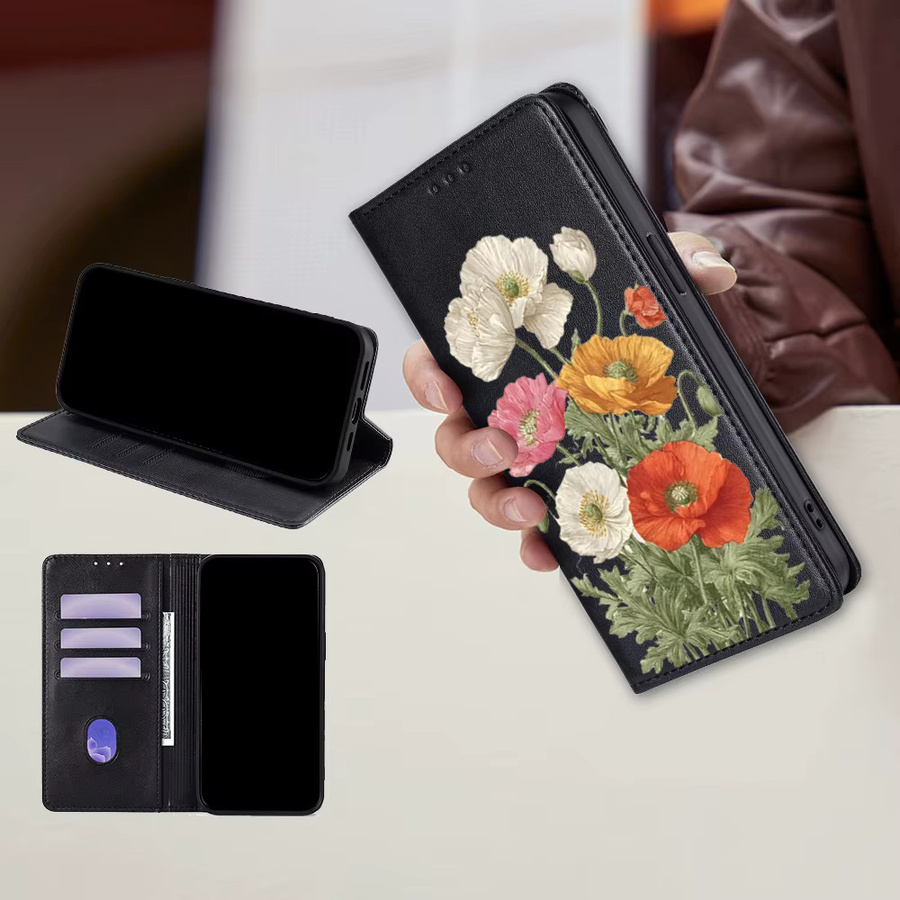 Xiaomi Leder Flip Cover mit Blumenmuster für Redmi Note 15 14S 14 13 Pro Plus 14R 14C 13X 13C Vollschutz Handyhülle in Rot und Multicolour - Bild 3