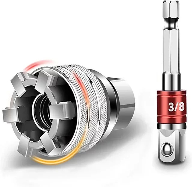 The Drill Magic Universal-Steckschlüsselsatz mit Pleuel und Bohrer-Adapter, verstellbare Hülse für 3/8 bis 3/4 Zoll, 10–19 mm, Farbe Silber - Bild 1