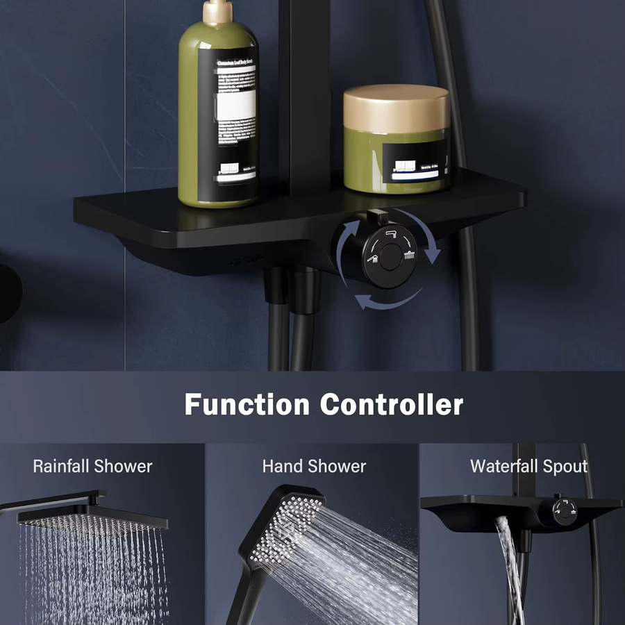HobbyLane Regendusche Set Wandmontage in Schwarz mit Regenduschkopf, Mischbatterie, Regal und Haltegriff - Bild 3