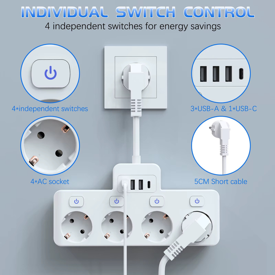 HITRENDS 8-in-1 Desktop USB-Steckdosenleiste in Weiß mit 4 unabhängigen AC-Schaltern und USB-C Schnellladefunktion - Bild 2
