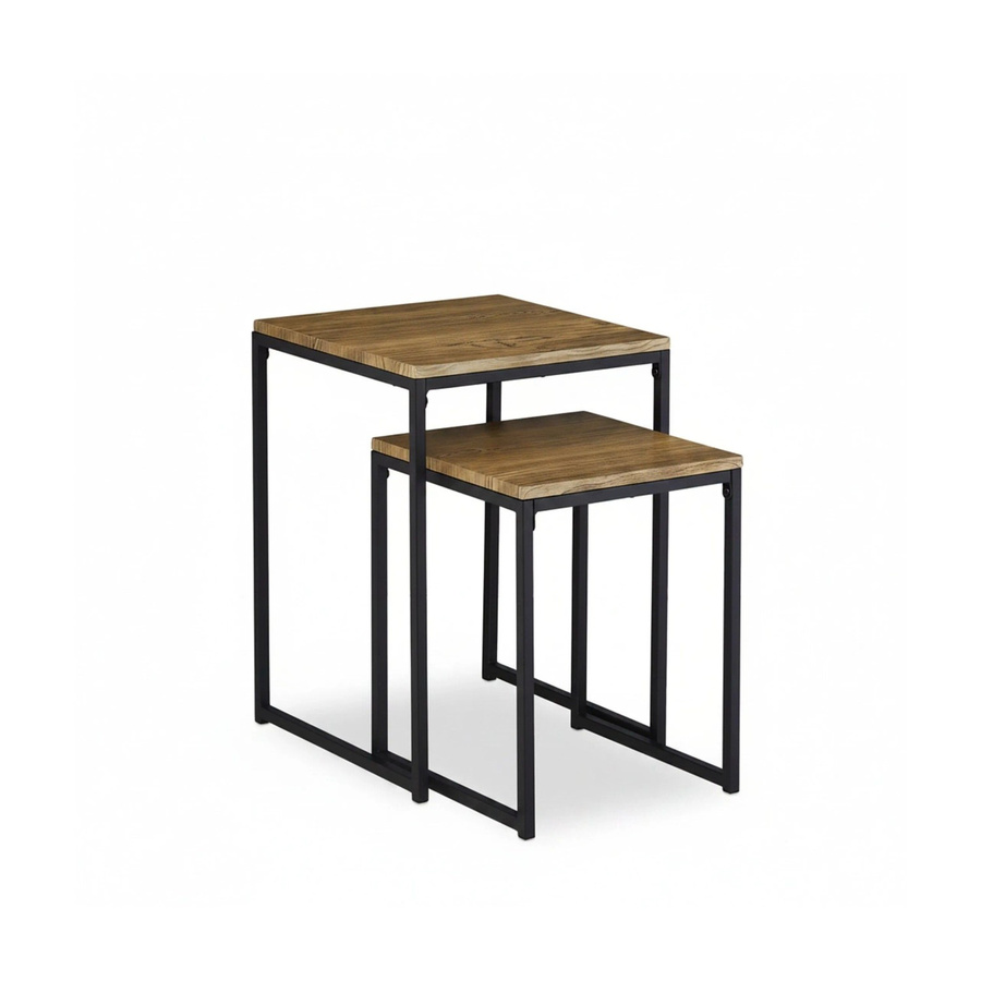 Relaxdays Beistelltisch 2er Set im Industrial Design aus Eisen und MDF, Schwarz und Hellbraun, stapelbar, B/T/H: 54 x 40 x 40 cm und 42 x 34 x 34 cm - Bild 2