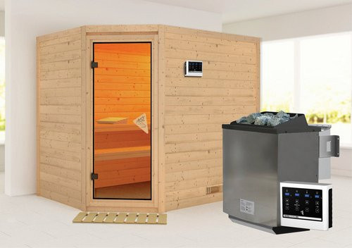 KARIBU Sauna Kärdla aus Fichtenholz in Beige inklusive 9 kW Bio-Kombi-Saunaofen mit externer Steuerung für 4 Personen, B/T/H: 236 x 184 x 209 cm - Bild 1