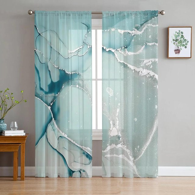 Yiran Furniture Transparentes Voile-Vorhang mit Marmor-Design in Grasgrün und Türkis, Breite: 135 cm, Höhe: 115 cm - Bild 1
