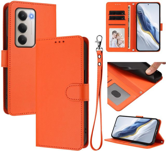 Lederhülle Klappbrieftasche mit Lanyard für Apple iPhone 12 13 14 15 16 Pro Max Mini Plus in Orange - Bild 1