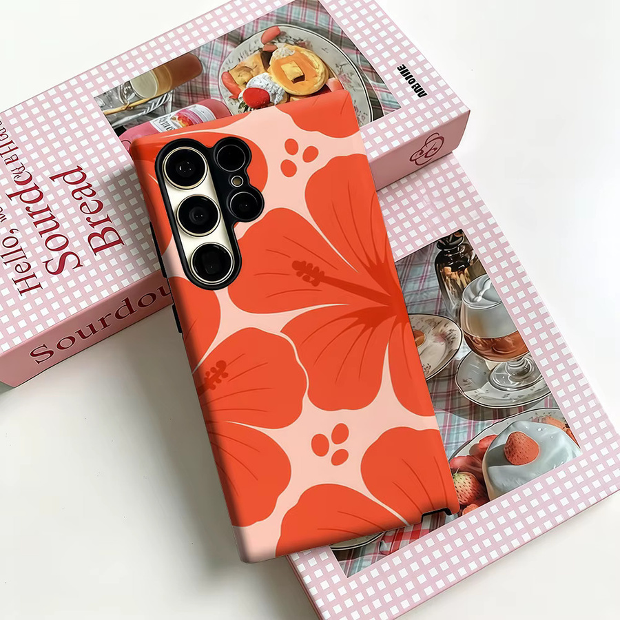 Stoßfeste Doppelschicht Handyhülle mit tropischem Hibiskus-Design für Samsung Galaxy S25 Ultra, S24 und S23 Ultra Plus in Orange-Rot - Bild 3