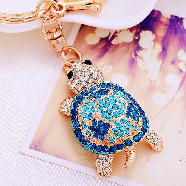 Schlüsselanhänger Schildkröte, Kristall, Messing, Gold, Blau, Unisex - Bild 1