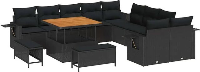 vidaXL Garten-Sofa-Set 13-teilig aus Poly-Rattan und Akazienholz in Schwarz mit Polstern und Tisch - Bild 1