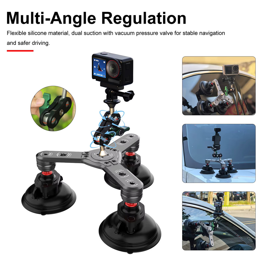 Sheingka Kamerahalterung aus Aluminiumlegierung mit 360 Grad verstellbarem Saugnapf in Schwarz für GoPro Hero 13 12 11 10 9, Insta360 und DJI Action - Bild 4