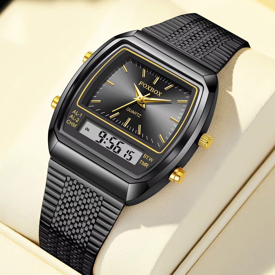 FOXBOX Armbanduhr Quarz, Doppel-Display, Edelstahl, Schwarz, Herren - Bild 6