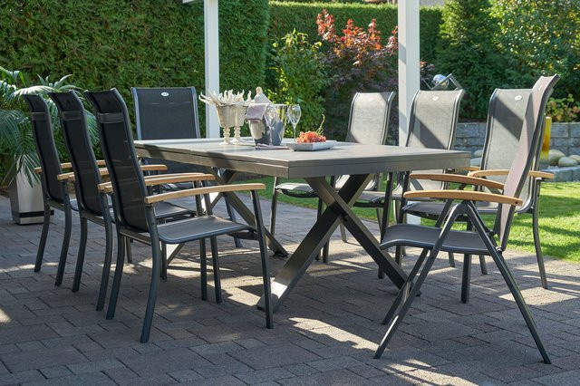 Hartman Garten-Essgruppe Xanadu / Alice in xerix/schwarz aus Aluminium und Glaskeramik mit 6 Stapelsesseln und 2 Klappstühlen, B/T/H: 280 x 100 x 75 cm (ausziehbar auf 220 cm) - Bild 1