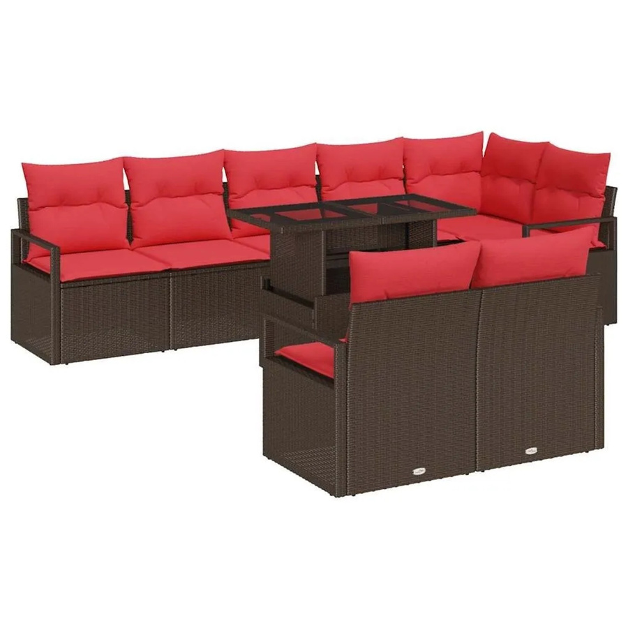 vidaXL Gartensofa-Set aus Poly-Rattan in Braun und Rot mit 9 Teilen, L-Form mit Eckelement, 3-Sitzer-Sofa, Couchtisch und integriertem Kissen-Speicher - Bild 2