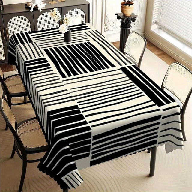 Schmutzabweisende Tischdecke von JMG Household Supplies mit schwarz-weiß gestreiftem geometrischem Motiv, B/B: 140 x 140 cm - Bild 1